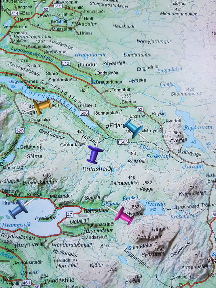 Unsere selbstgewählte Route von den Hraunfossar zum Glymur - gestrichelte Linien sind dabei immer Sch...ön (Island)